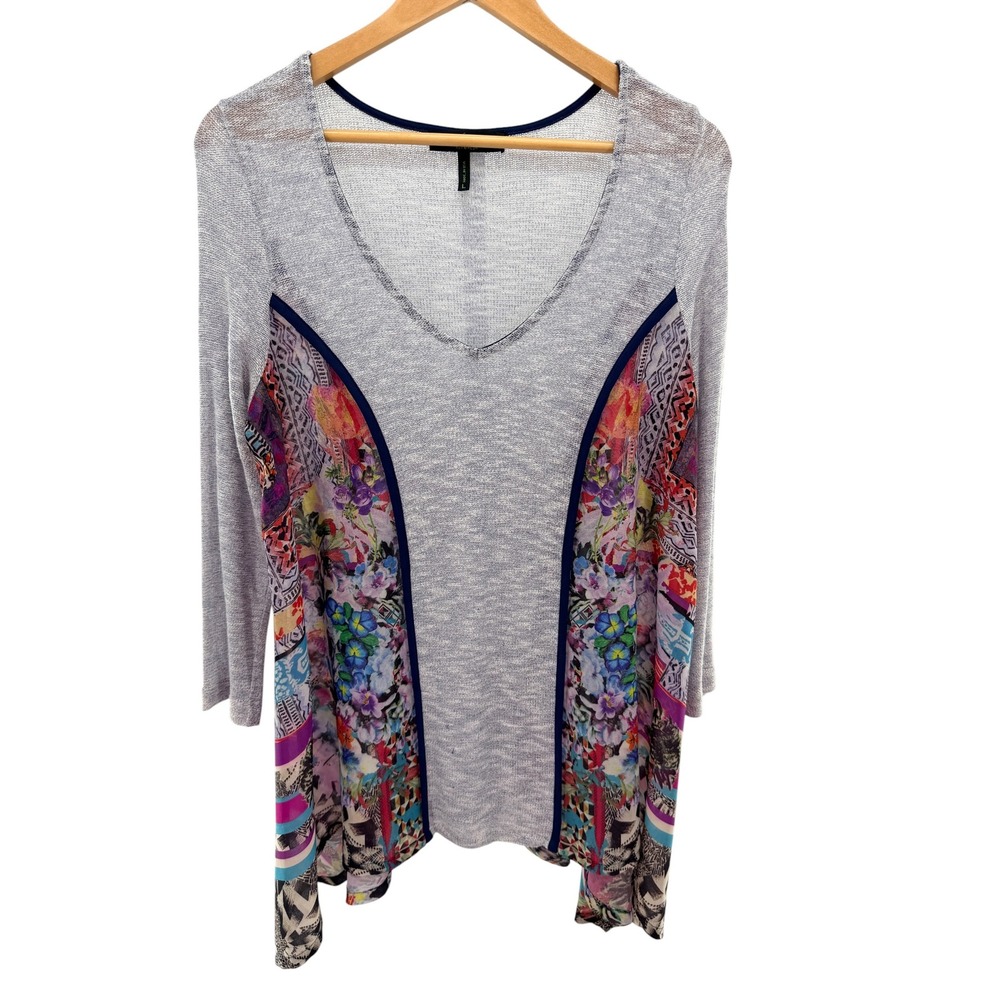 Poeme by Citron Womens Grey Mixed Print‎ V-Neck Sharkbite Tunic Top Size L Artsy